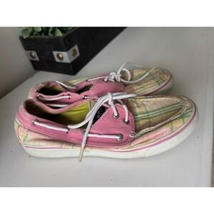 Sperry Top-Sider Women Pink Green Plaid Canvas Boat Shoes Deck Shoes Casual